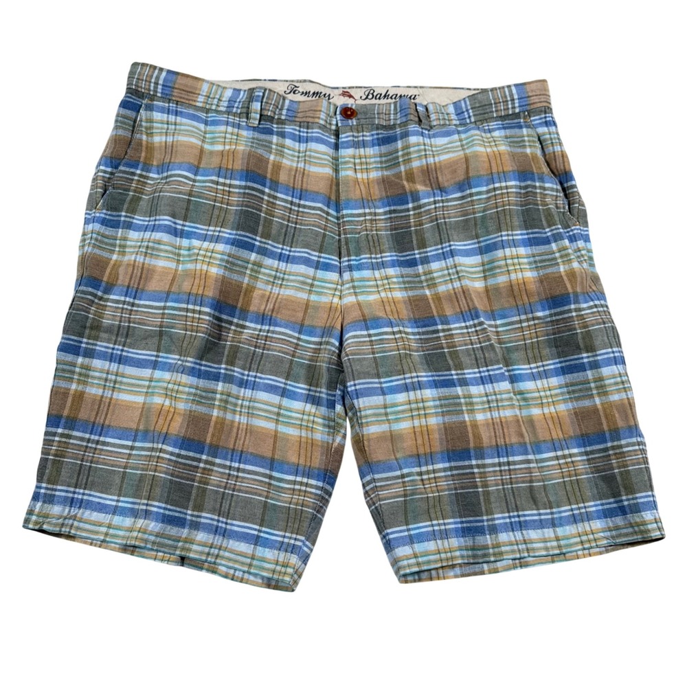 Tommy Bahama Plaid Shorts Mens 38 Blue Tan Linen Tencel Coastal Summer Resort